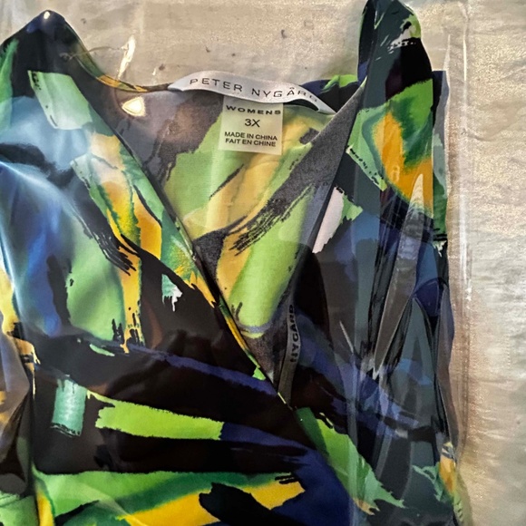 TUNIC, STRETCH, BLUE/YELLOW/GREEN, SIZE 3X, VEE NECK, WAIST TIES FOR BOW, - Picture 4 of 13